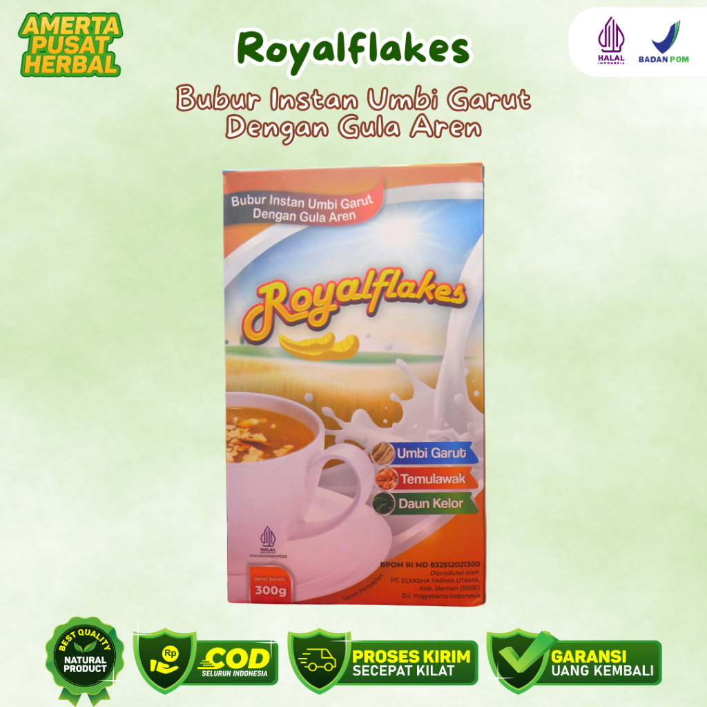 

Royalflakes Rasa Gula Aren 300g - Sereal Bubur Instan Umbi Garut - Atasi Maag Asam Lambung Perut Kembung Melancarkan Pencernaan dan Peredaran Darah