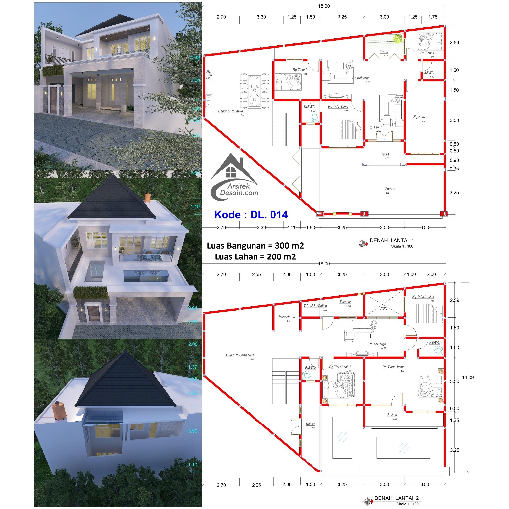 Desain Rumah Tropis Mewah 2 Lantai Denah 6 Kamar Tidur Cantik