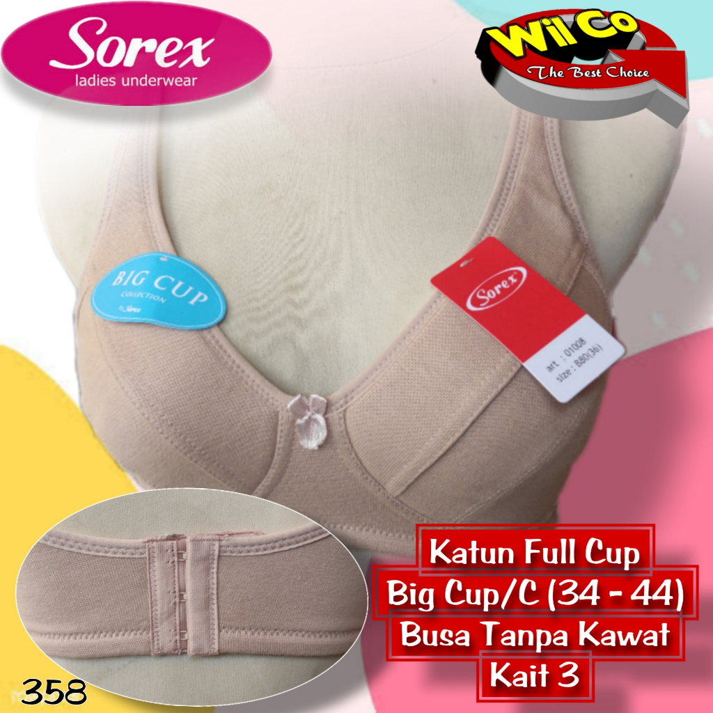 SM358 Sorex Bra Busa Tanpa Kawat Cup Besar 36d - 44d Tiga Pengait