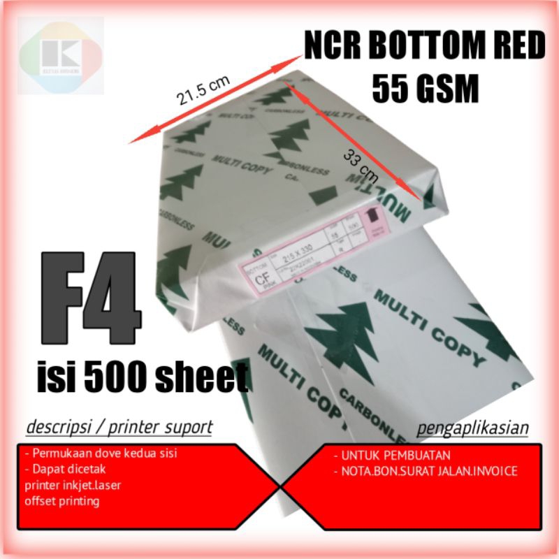 kertas NCR F4 bottom RED 55 GSM F4  kertas nota NCR KARBONLESS  500 lembar