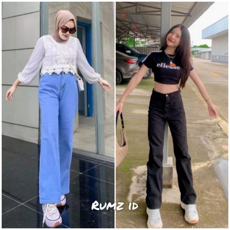 Highwaist Kulot Jeans Wanita Loose Jeans Wanita Premium Terbaru Korean Style Light blue - Black Hita
