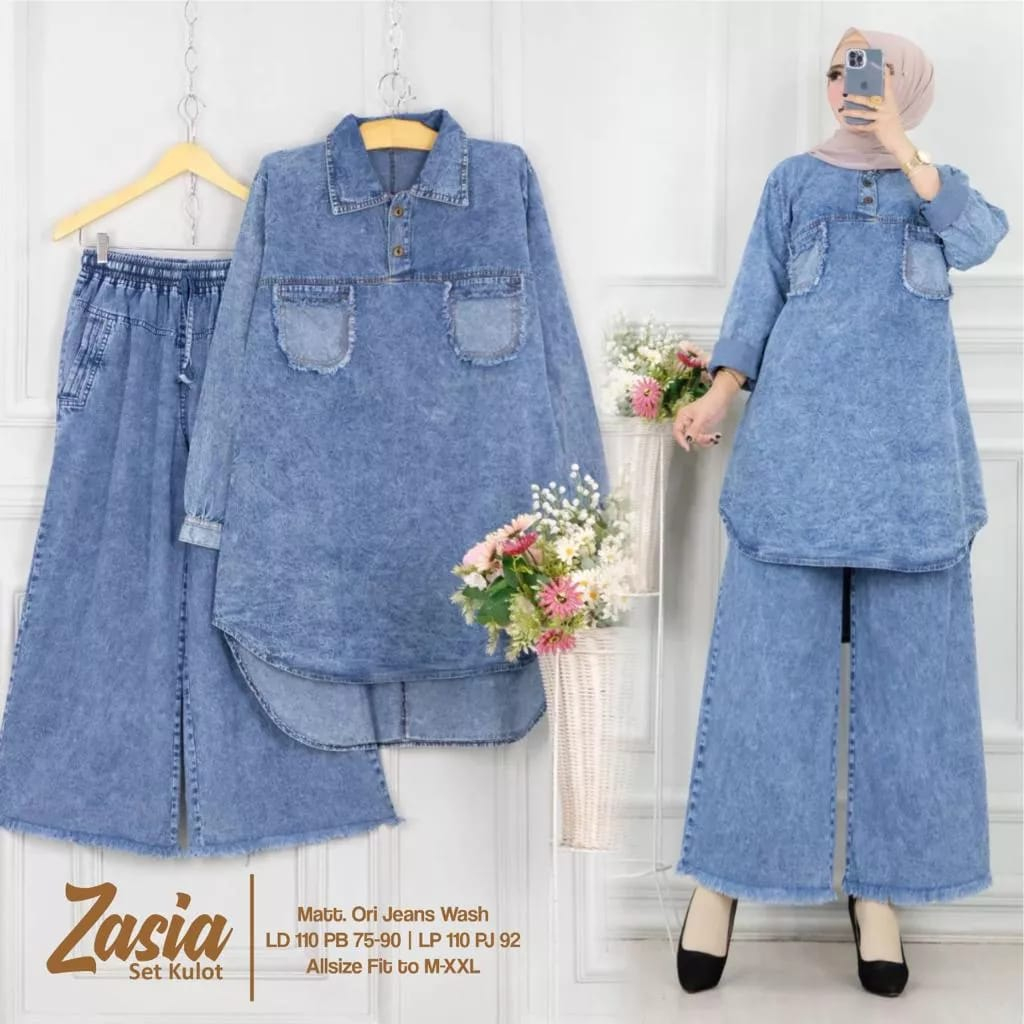 Zasia Set Jeans Setelan Marvien Tunik dan Kulot Rawis Snow Biru dan Hitam BR