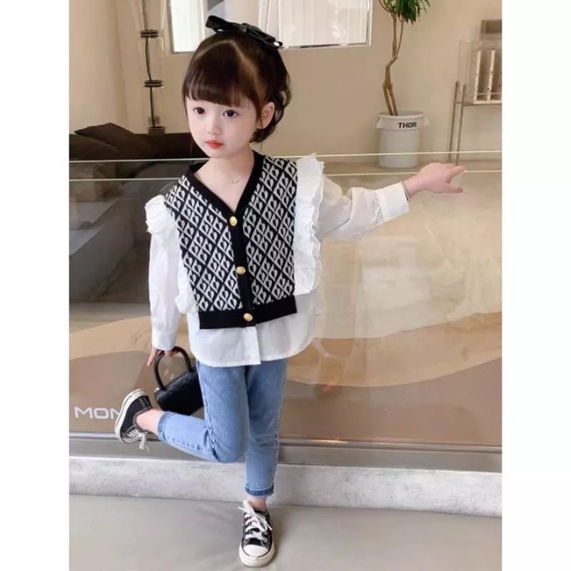 Setelan import anak perempuan atasan model rajut kombinasi kain katun lengan panjang dengan celana j