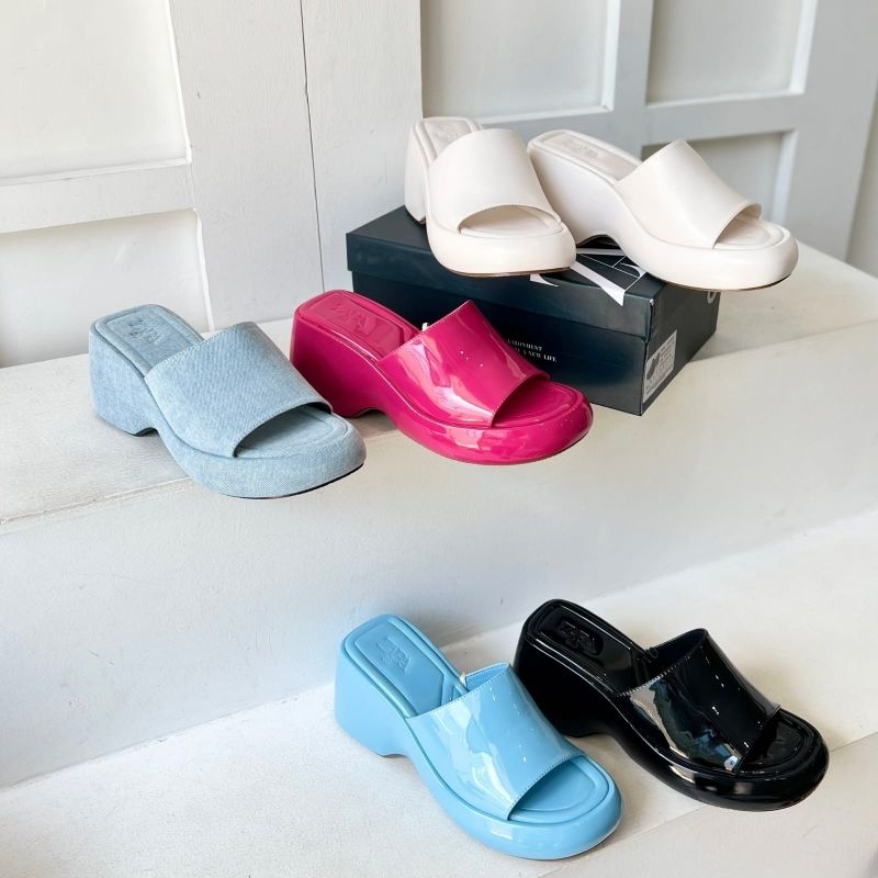 Sandal sepatu zara 7 cm hitam putih pink biru jeans denim