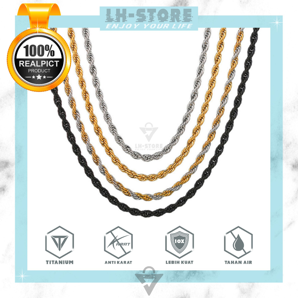 Kalung Model Tambang Titanium Berlapis Emas Perak Pria Wanita Anti Karat Dan Tidak Luntur