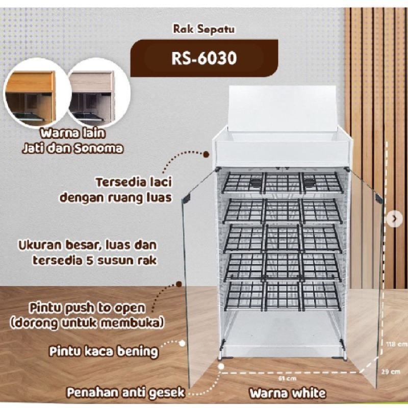 Rak Sepatu Kaca/ Rak Sepatu/ Rak Susun Sepatu Kunci Jasmine Tipe 8036, Tipe 6030, RSLP 120 kaca