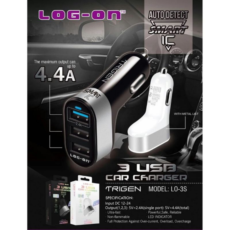 LOG ON SAVER TRIGEN 3USB 4,4A LO-3S CHARGER MOBIL DAN MOTOR