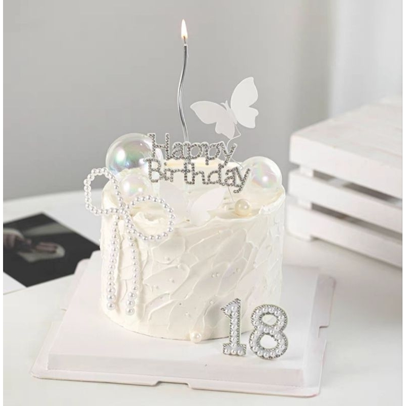 

Topper Happy Birthday silver dengan manik2 mutiara yang mewah