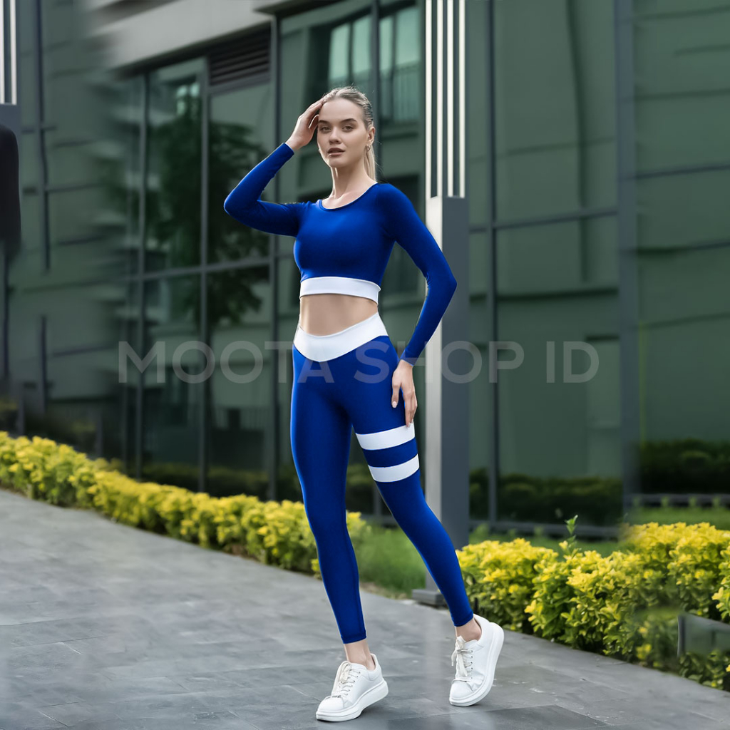 Setelan Olahraga Wanita Lengan Panjang Set Baju Olahraga Senam Aerobic Track Suit Yoga Fitness Gym S