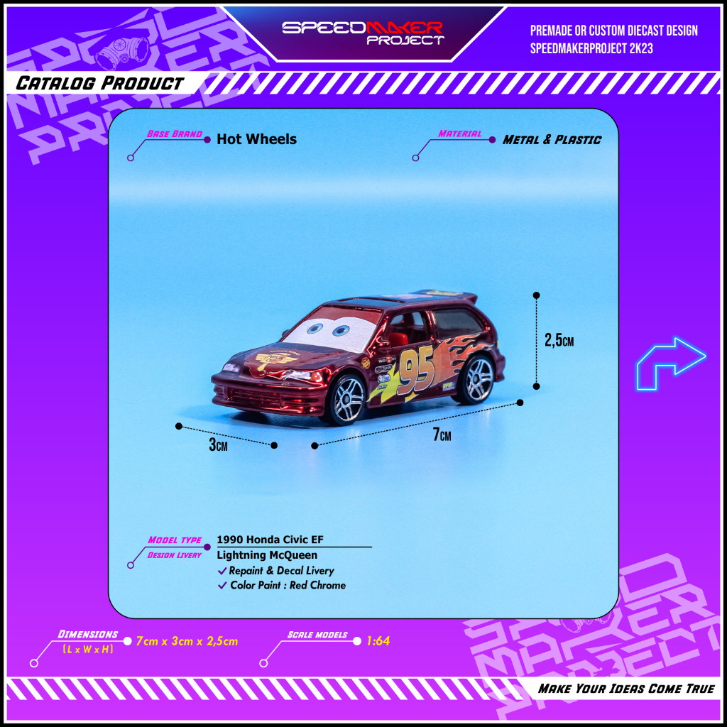 Hot Wheels Custom 1990 Honda Civic EF Lightning McQueen Diecast Miniatur Replika Mobil 1:64