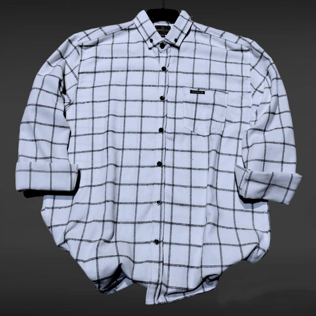 kemeja flanel pria dan wanita lengan panjang motif kotak-kotak warna putih