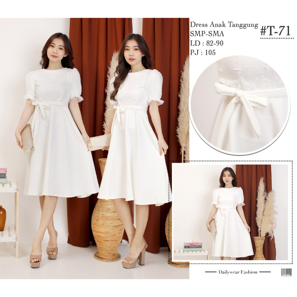Dress putih scuba premium midi mix bordir tile / pesta dan natal T71 dan T70
