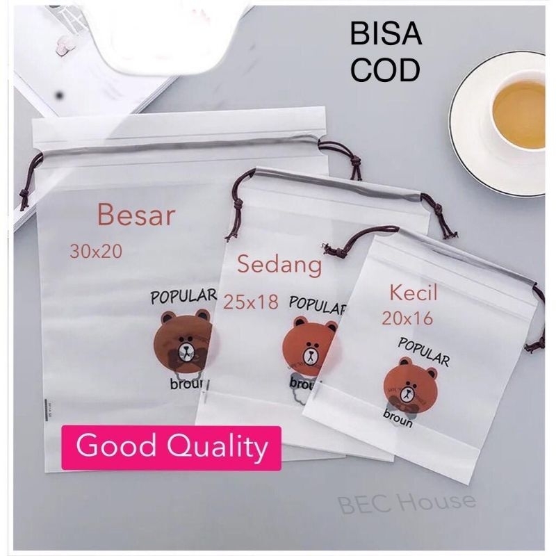 Travel Pouch Serut Motif Beruang Transparan Serbaguna Tas MakeUp Kosmetik