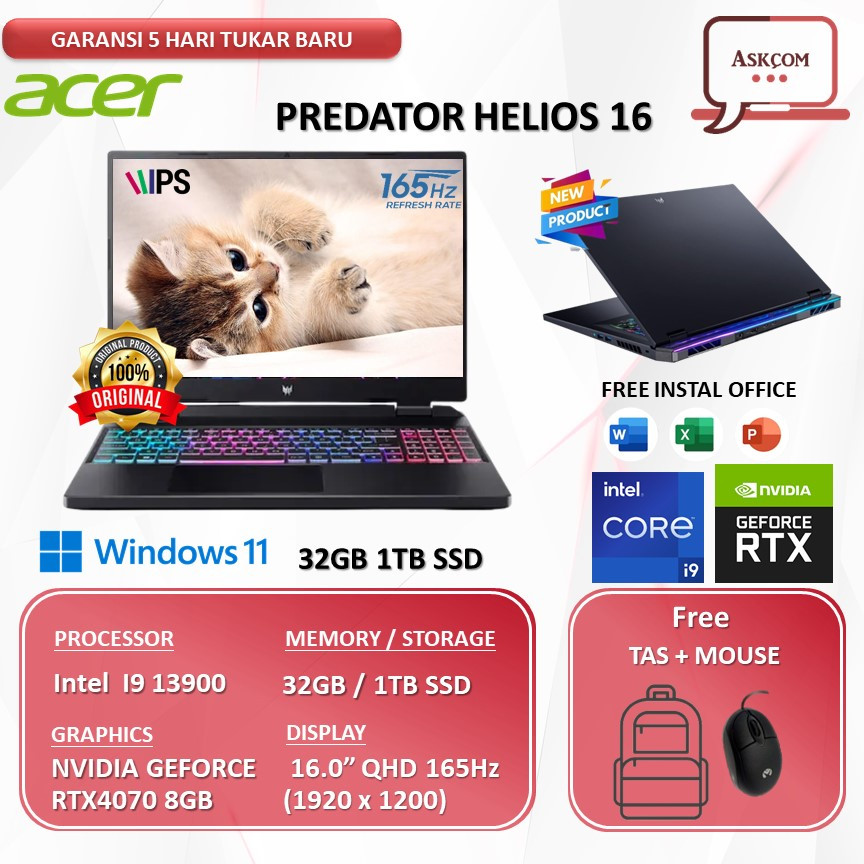 Laptop Gaming Acer Predator Helios 16 I9 13900 RTX4070 8GB 32GB 1TB SSD W11 16.0QHD IPS 165HZ