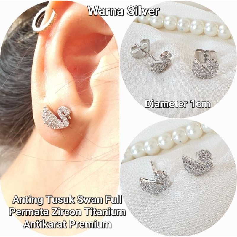 Anting Tusuk Angsa Swan Permata Sirkon Halus Titanium Antikarat Premium