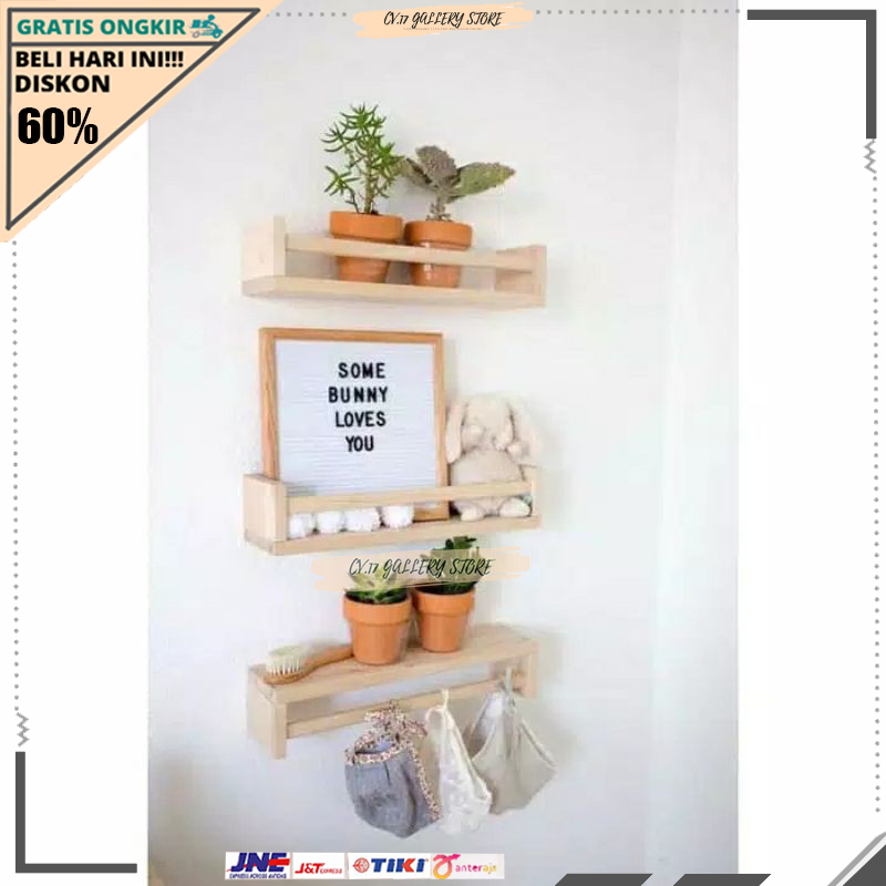 Rak Ambalan Kayu Asli Jati Palang Gantung Tempel Tempat penyimpanan Bunga Buku Kosmetik make up Bumb
