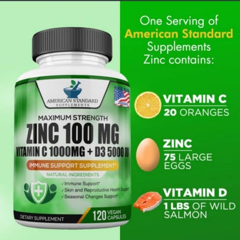 Zinc 100mg Vitamin C 1000mg Vitamin D3 5000iu American Standard Supplement High Quality
