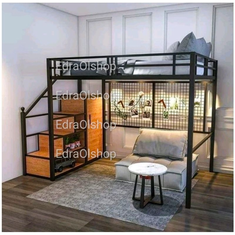 Ranjang Tingkat Besi Upper Bunkbed Loft bed Mezzanine 140x200cm Minimalis Murah Mewah Costum