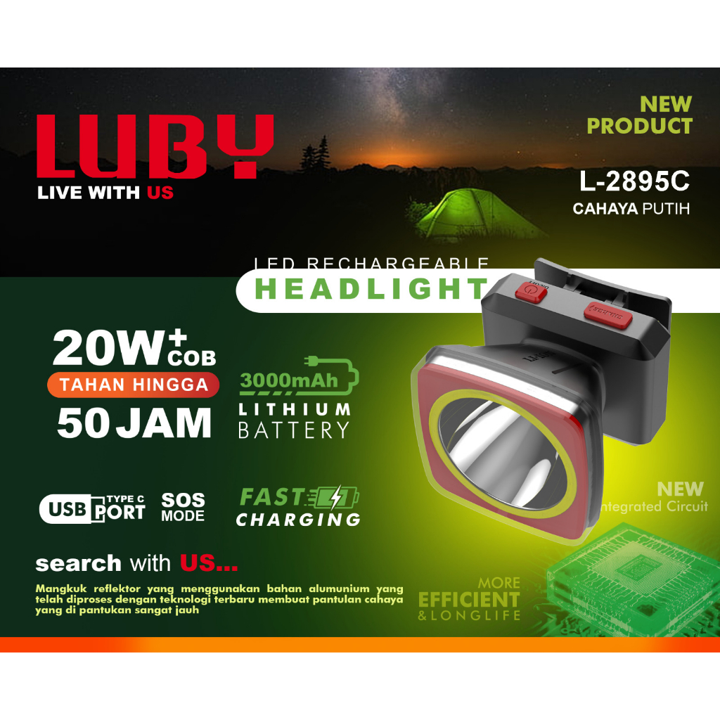 Luby Head Lamp 20W + COB L-2895C Putih