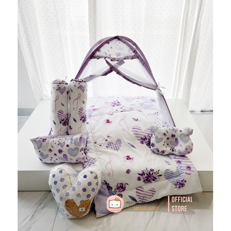 moochi Baby kasur kotak set kelambu tempat tidur bayi Lilac purple heart girl perempuan