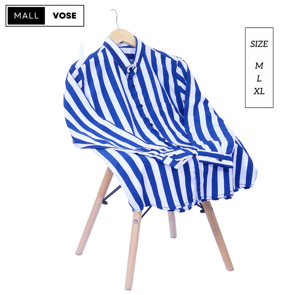 MALLVOSE - Kemeja Pria Salur Lengan Panjang / Strip Biru M L XL