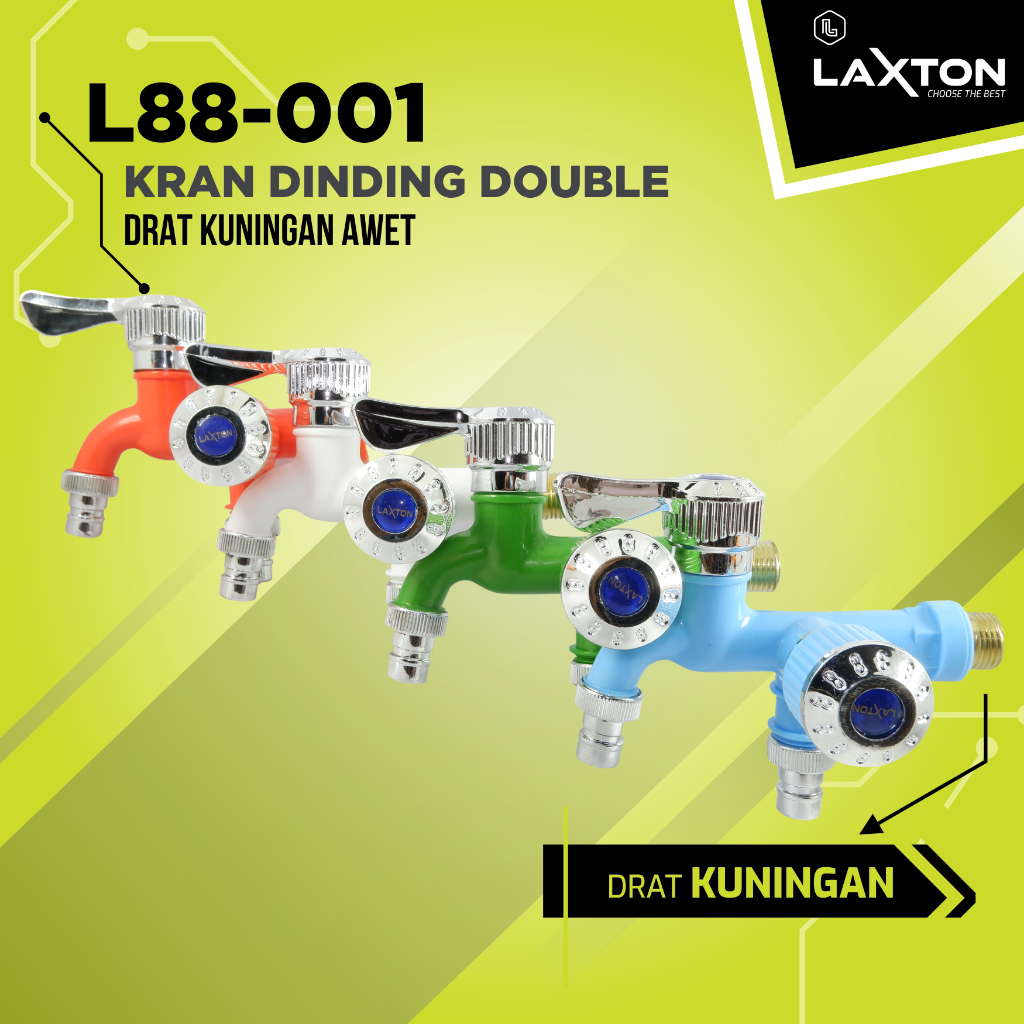 LAXTON L88-001 kran keran dinding cabang 2 dobel plastik drat kuningan drat 1/2"