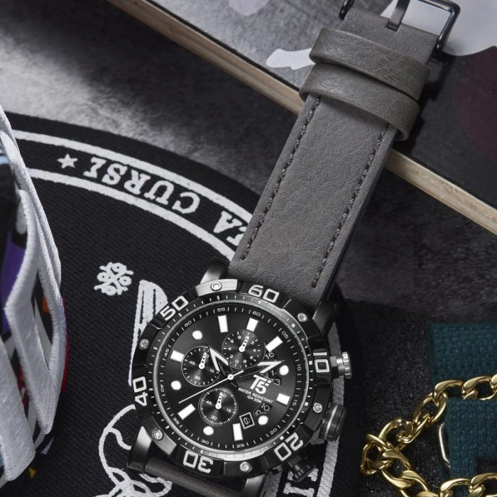 Jam Tangan Analog Pria Ori T5 H3855G Anti Air Strap Kulit Chronograph stopwatch Aktif Free Batrai Ca