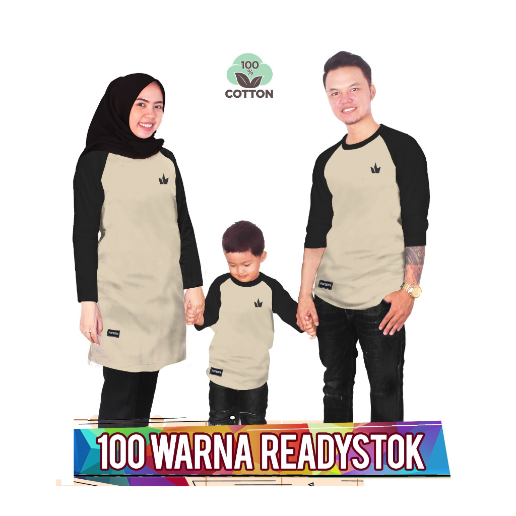 RAGLAN BASIC CREAM HITAM Baju Kaos Keluarga couple anak laki laki perempuan ibu ayah ada ukuran jumb