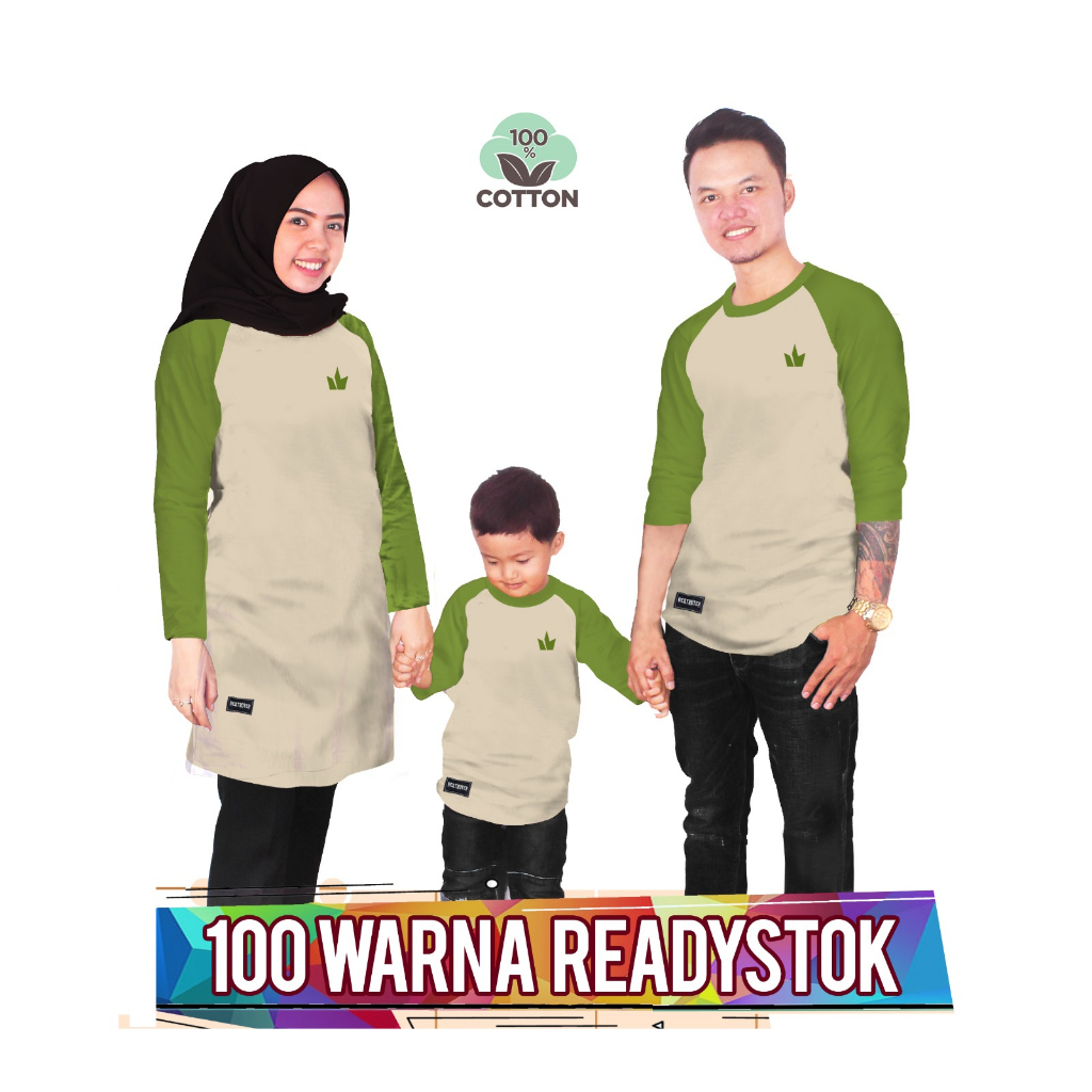 RAGLAN BASIC CREAM HIJAU SOEMPURNA  Baju Kaos Keluarga couple anak laki laki perempuan ibu ayah ada 