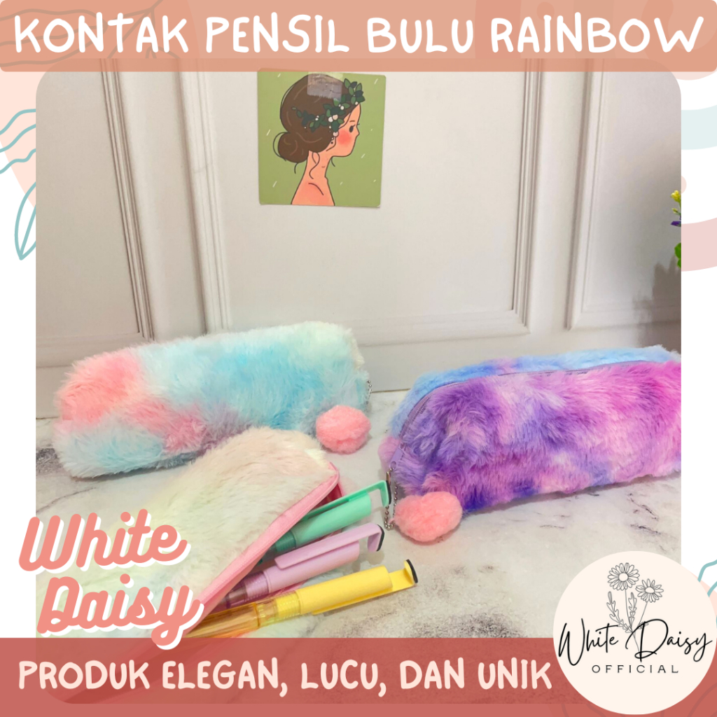 

Kotak pensil Bulu Rainbow pouch premium tempat pensil lucu pelangi