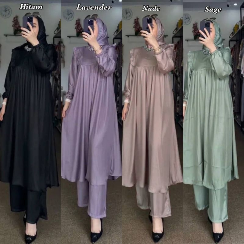 SETELAN WANITA KEKINIAN TERBARU ONESET TUNIK LD110 SHIMMER FREE HIJAB/WAFFA SET SHIMER