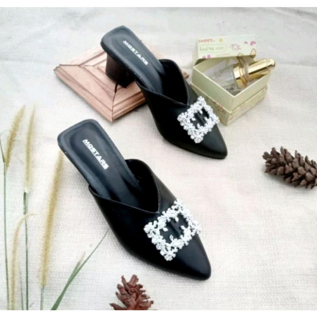 Sendal Heels Wanita Slop Lancip Hak Tahu 5cm