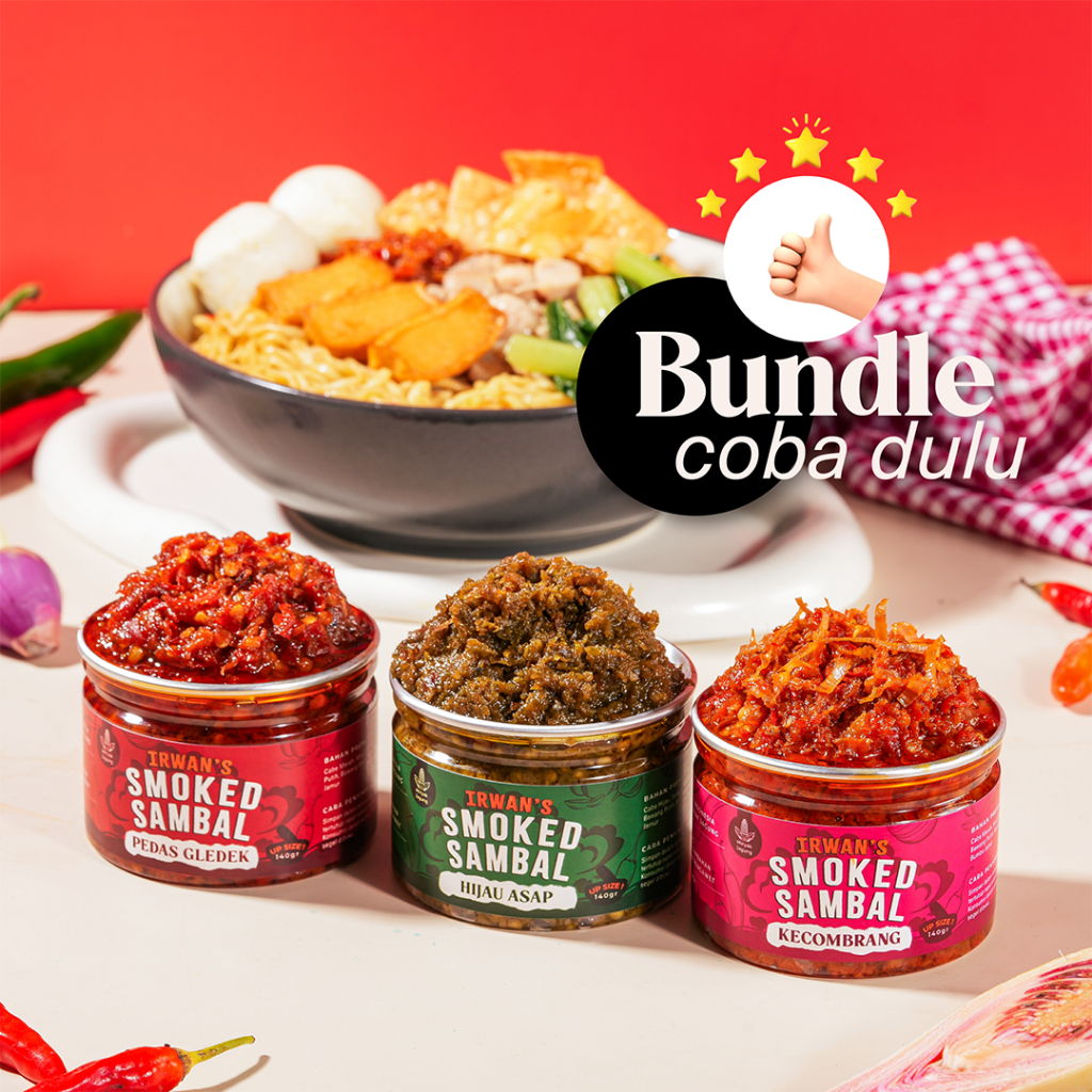 

Irwan's Smoked Sambal - Paket Hemat Bundle 3 Rasa Sambal (Pedas Gledek, Kecombrang, Hijau Asap)