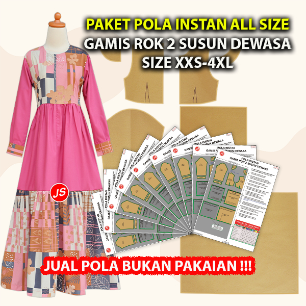 Paket Pola Instan All Size Gamis Rok 2 Susun Dewasa | Pola Semua Ukuran XXS-4XL