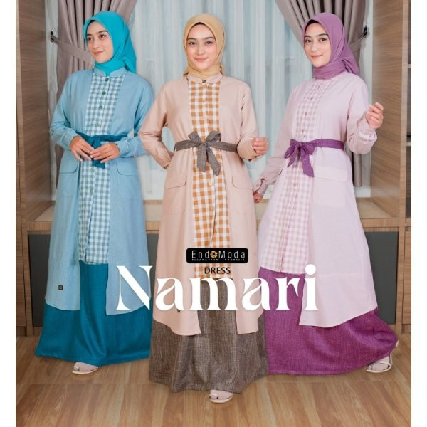 Endomoda-Namari Dress Brown-Pink-Tosca Katun Haruka Linen Gamis Wanita Polos Kombinasi Motif Kotak C