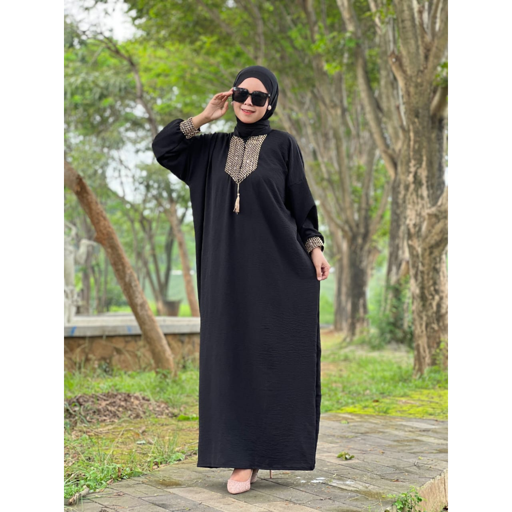 Gamis Sultan Renda Kringkle Airflow Premium Dress Kaftan Arab Polos Simple Busui Friendly Hitam-Hitam Kaftan