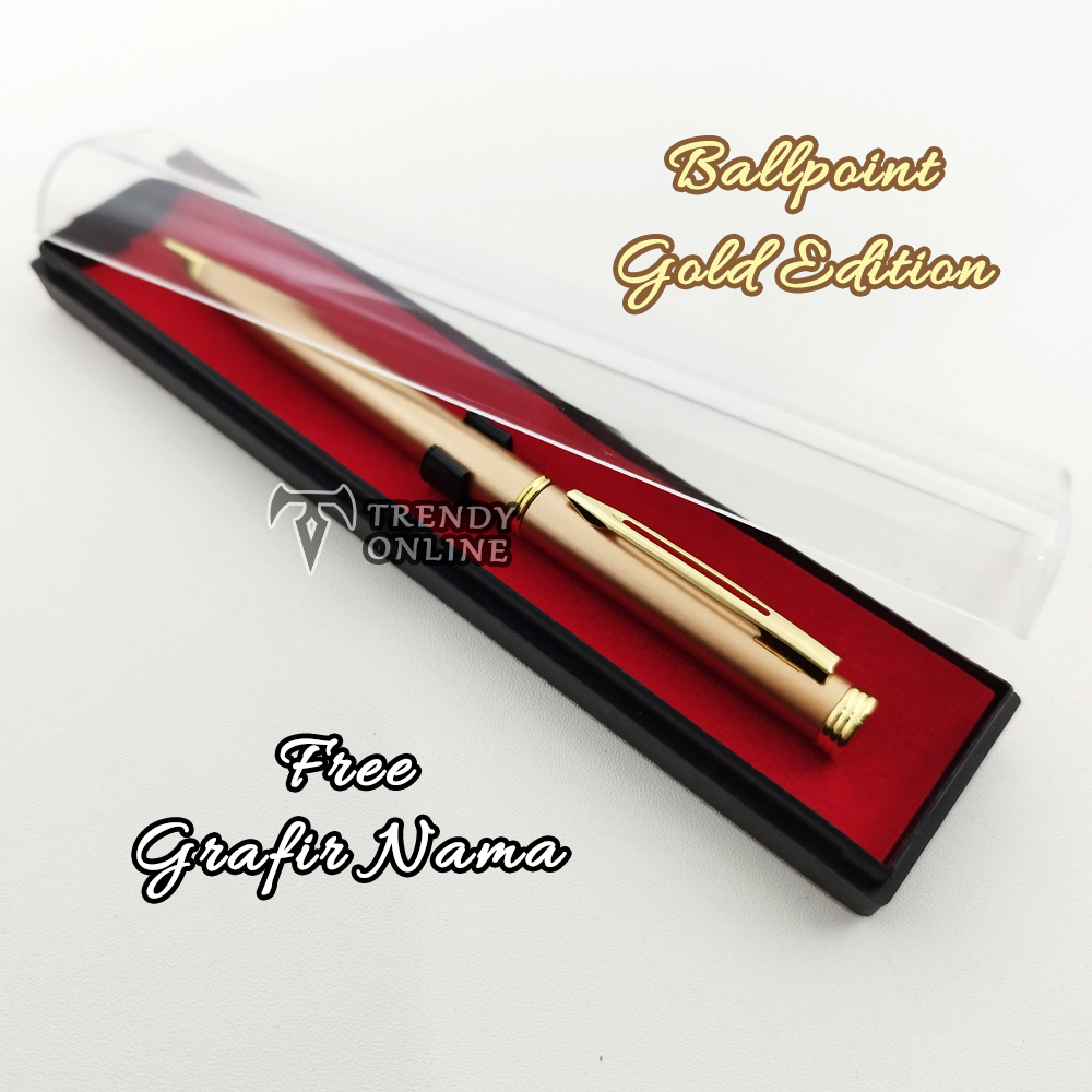 

Pulpen Hadiah Exclusif Nuansa Gold dengan Box Mika, Bolpoin FREE Cetak Nama | Ball Point Promosi Custom Grafir