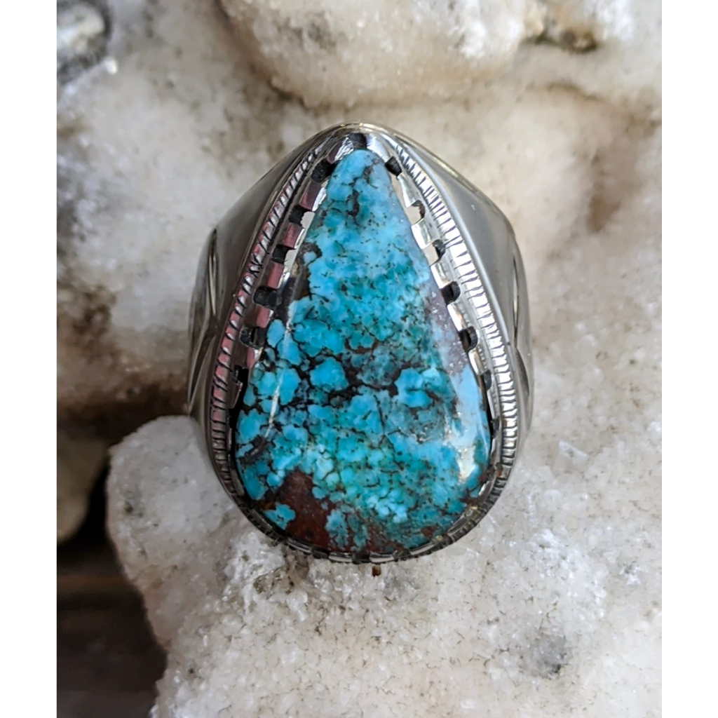 Natural Pirus Persia Biru Tua Urat Jala Teardrop Ring Monel Halus