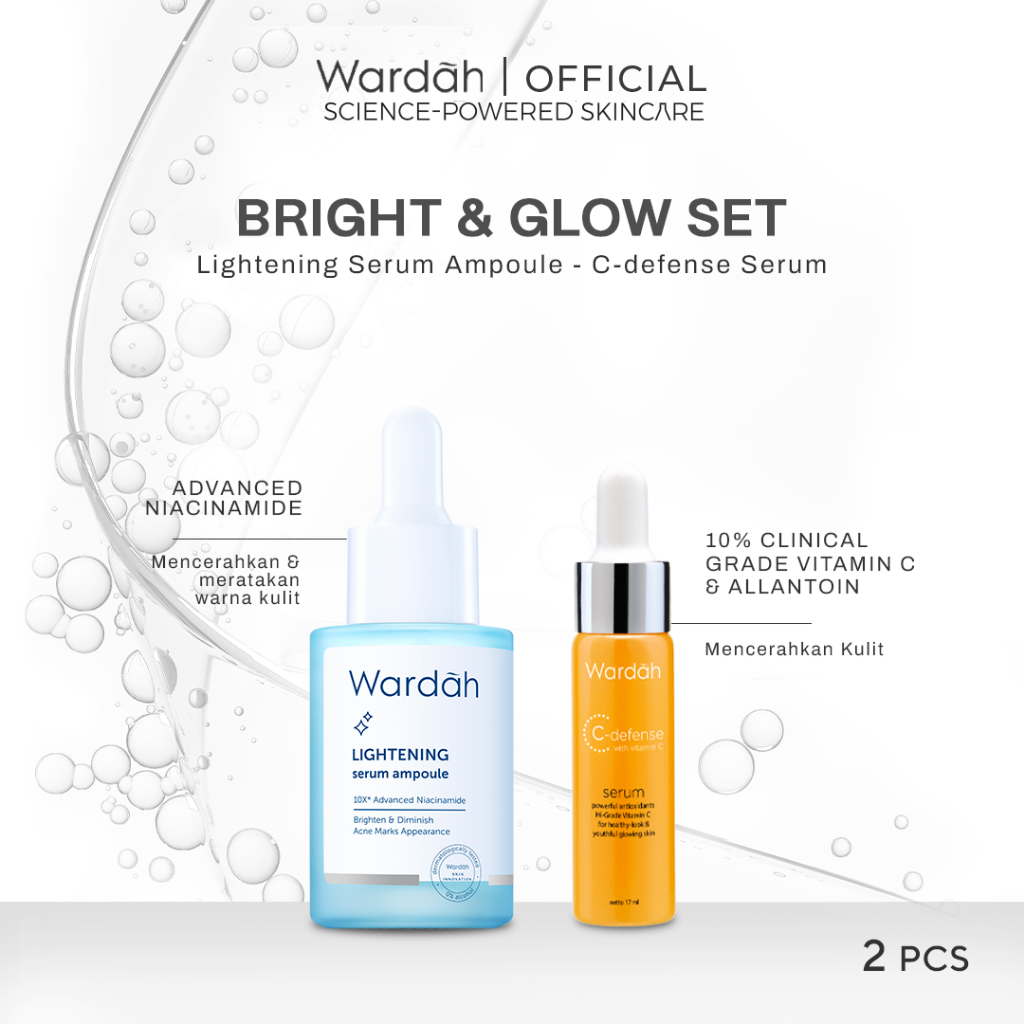 Wardah Bright &amp; Glow Paket (Lightening Serum Ampoule 30 ml + Wardah C-defense Serum 17 ml)