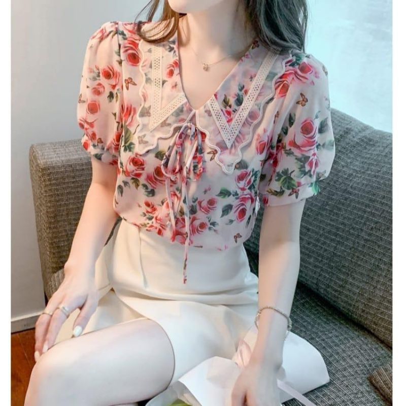 2276 Atasan baju blus blouse kemeja kerah cantik lengan pendek tangan bahan sifon chiffon import pre