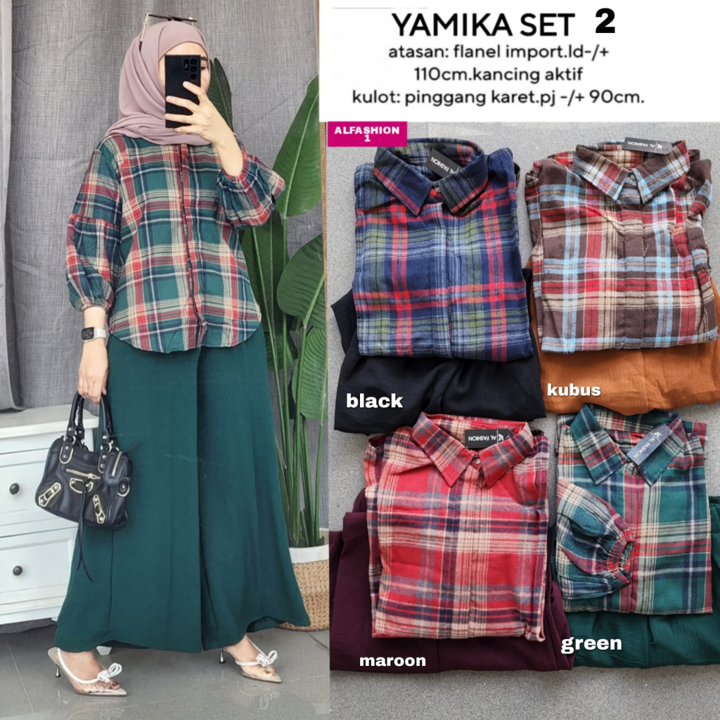 Setelan Yamika Set 2 3 Kemeja Blouse Bahan Flanel Celana Kulot Crinkle LD 110cm PJCelana 90cm