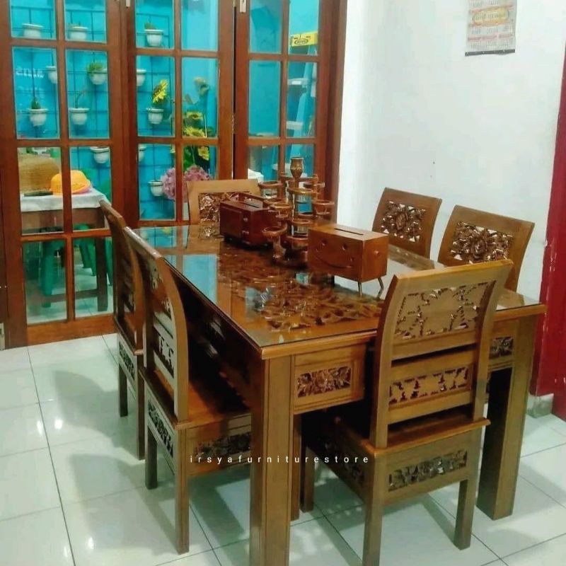 Meja Makan Ukir Jati Jepara - Meja Makan Kartini 6 Kursi