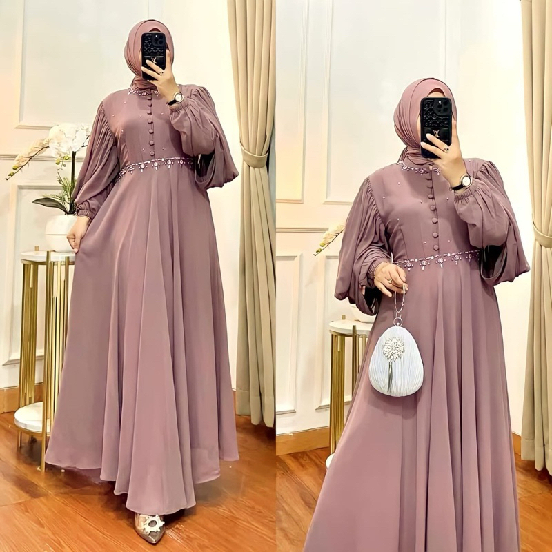Gaveena Dress Gamis Pesta Kondangan Wanita Terbaru Ceruty Babydoll Full Furing Aplikasi Mutiara Paye