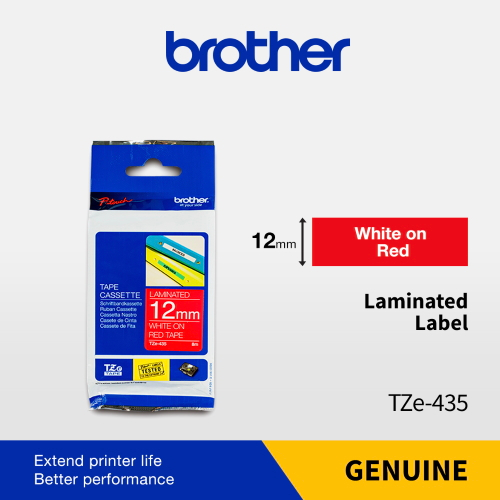 

Brother lebel Replacement Tape White On Red 12Mm 8M TZE-435
