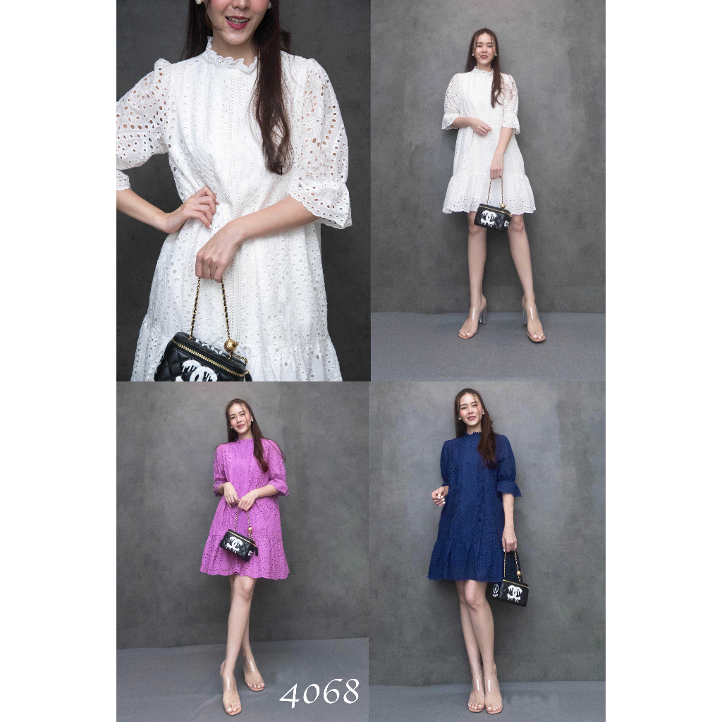4068 Chirpy Eyelet Mid Sleeves Dress |  Mini Dress Eyelet Wanita Kekinian Korean Style Fashion Wanit