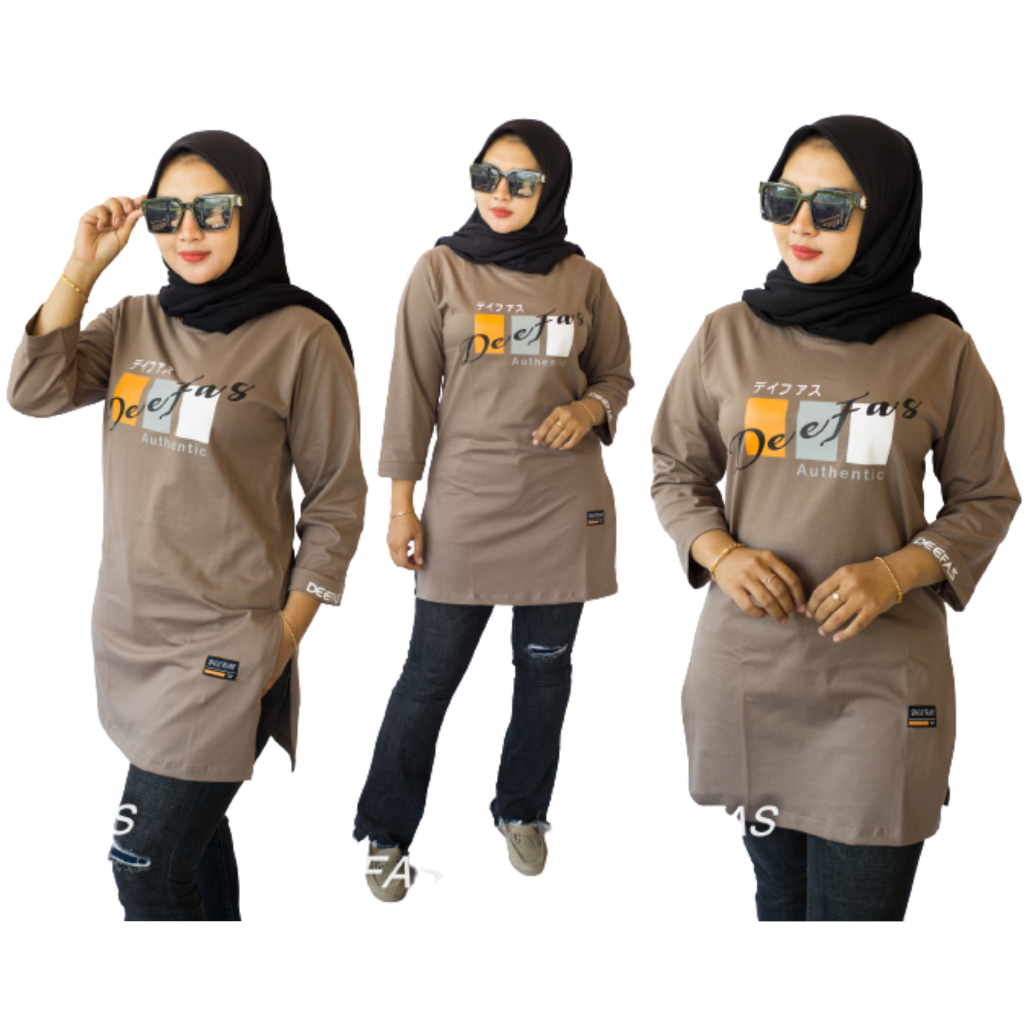 COD Fashion Atasan Kaos Baju Wanita Model Semi Tunik Stik balik Bahan Katun Combed20s  Lengan Panjan