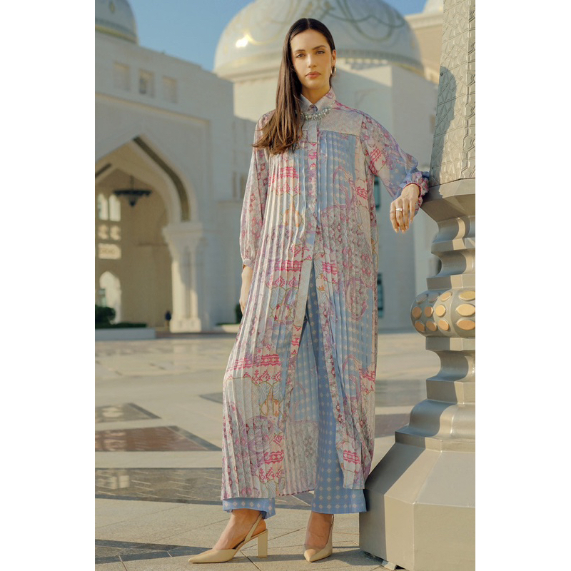 Festive Pleated Shirt Dress Blue Benang Jarum