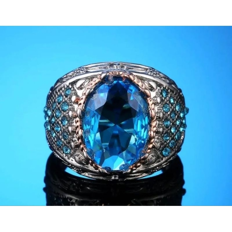 Cincin Pria elegan Biru Kristal Mewah Cincin Cowo keren