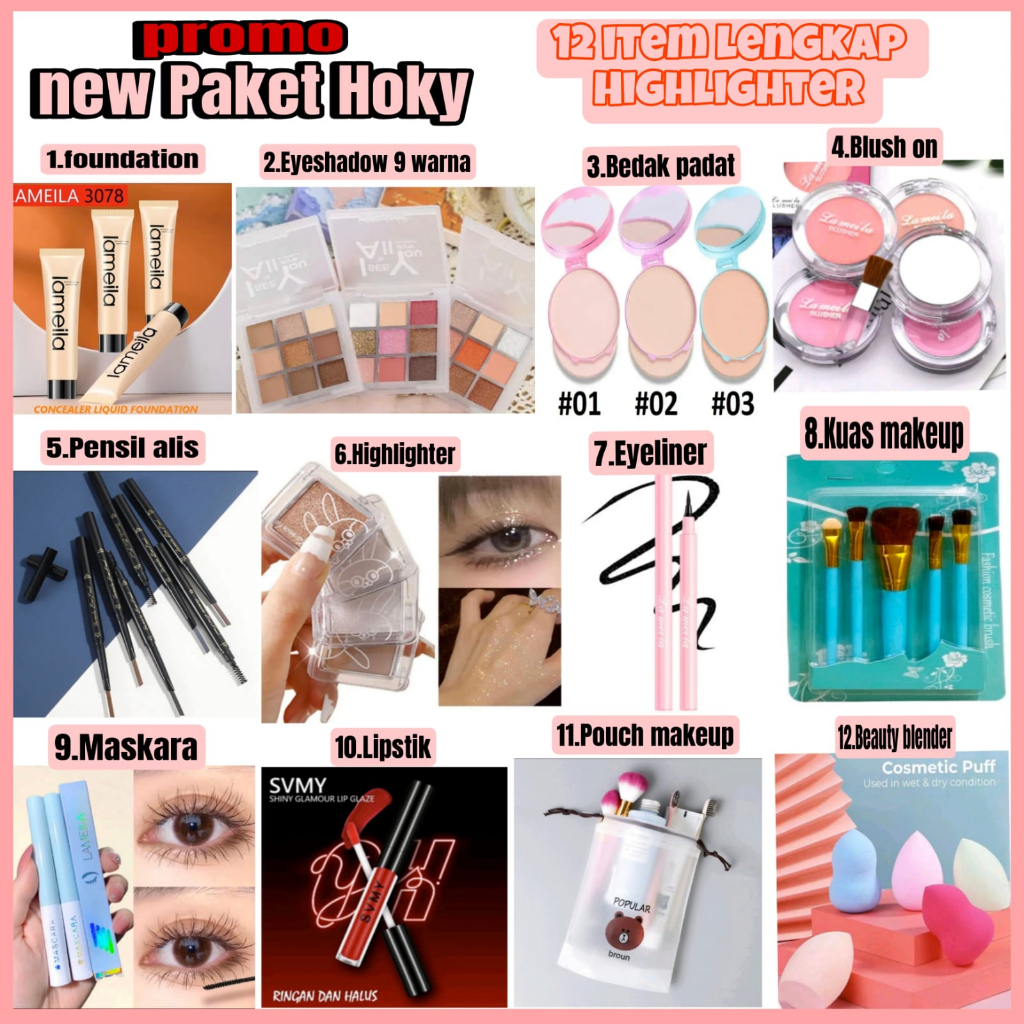 NEW PAKET HOKY 12 ITEM PAKET MAKEUP  LENGKAP HIGHLIGHTER SET KOSMETIK  PAKET USAHA Set Lengkap FREE KUAS Eyeshadow 9 warna