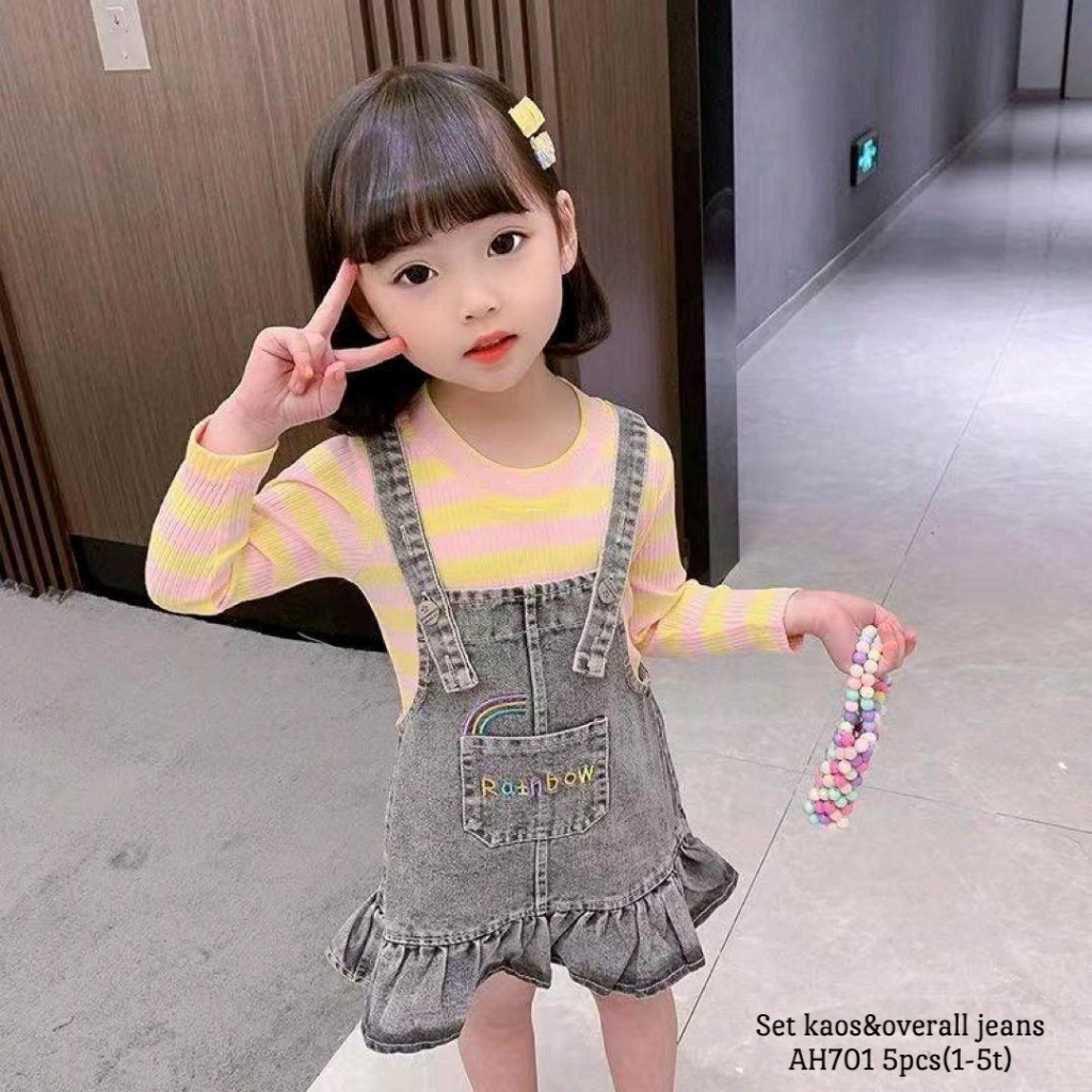 Set Kaos & Overall Jeans Anak Perempuan Import AH701